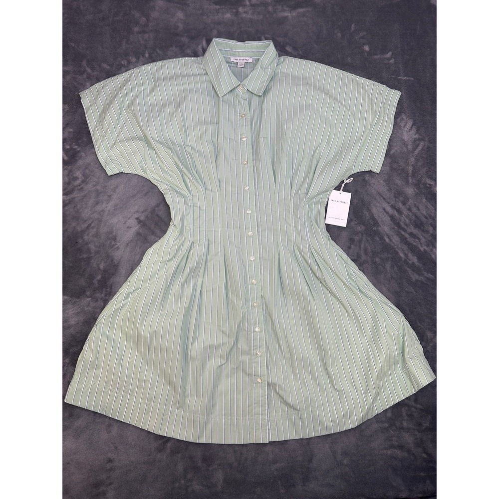 Free Assembly Womens Striped Cinched Waist Button Front Shirt Dress Green Small